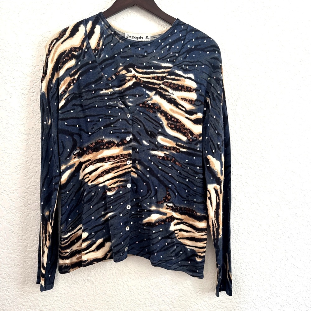 Joseph A. Animal Print 2 Piece Set Tank & Cardigan Blue Beige Knit Sz M Sequined